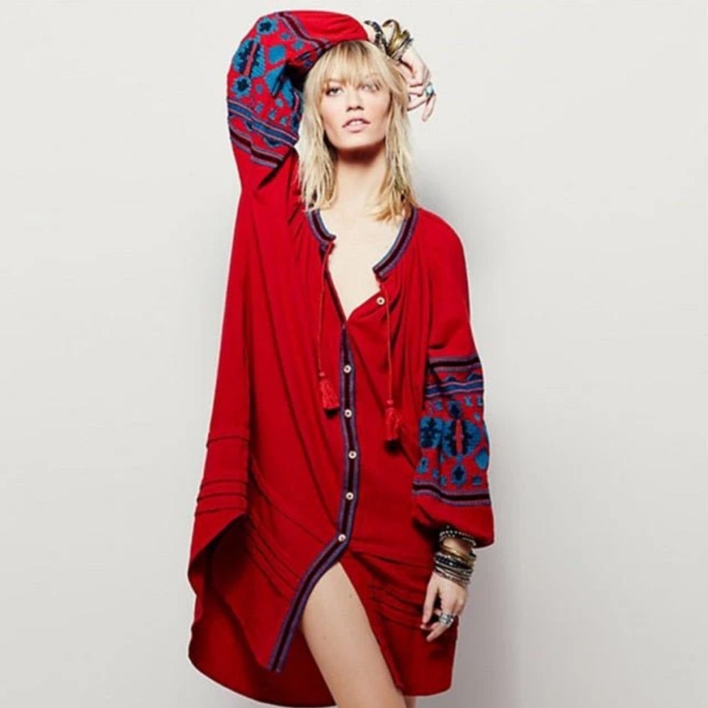 Free People Bohemian Red Tunic Dress with Embroidered Sleeves